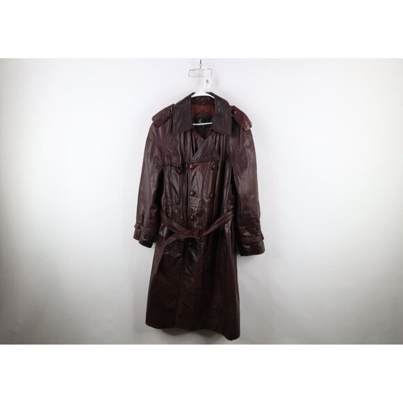 Vintage 70s Streetwear Mens 42 Distressed Leather Belted Trench Coat Oxblood Red - Picture 1 of 16